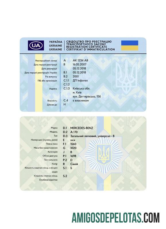 Exemplo de cartão de registro de veículo da Ucrânia